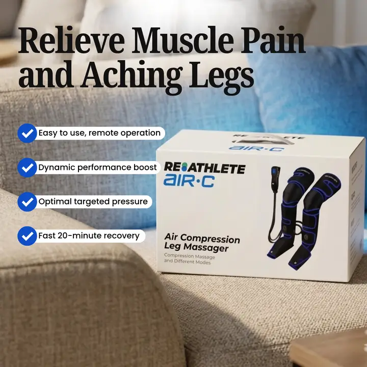Air-C Compression Massager feature overview showing pain relief settings